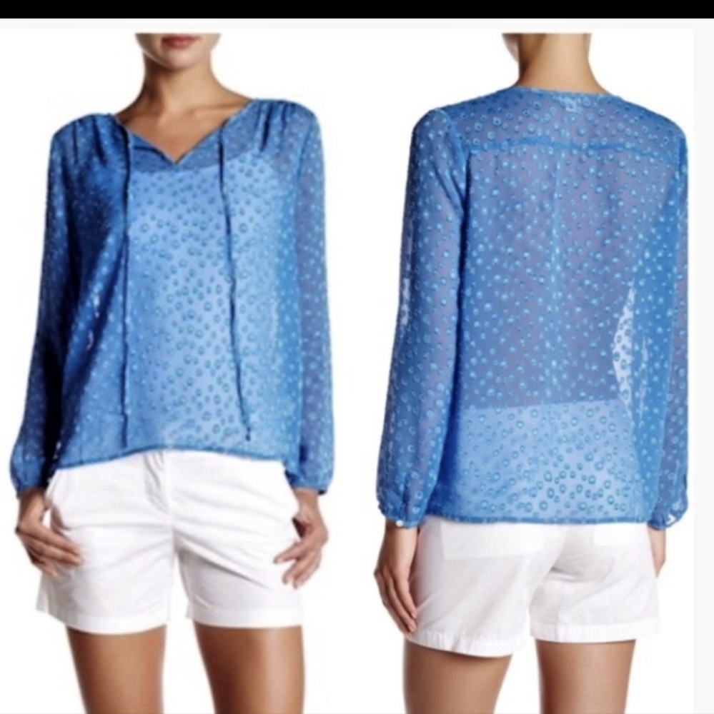 J.Crew S blue Swiss dot tie blouse